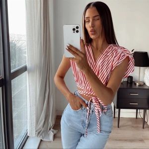 Zara poplin striped red and white wrapped crop top